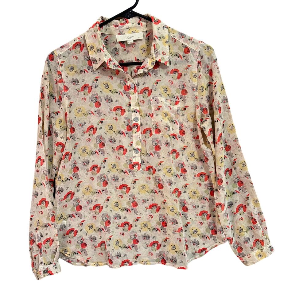 Ann Taylor LOFT Womens Blouse Tan Multi Floral Sheer Henley Cottagecore SP